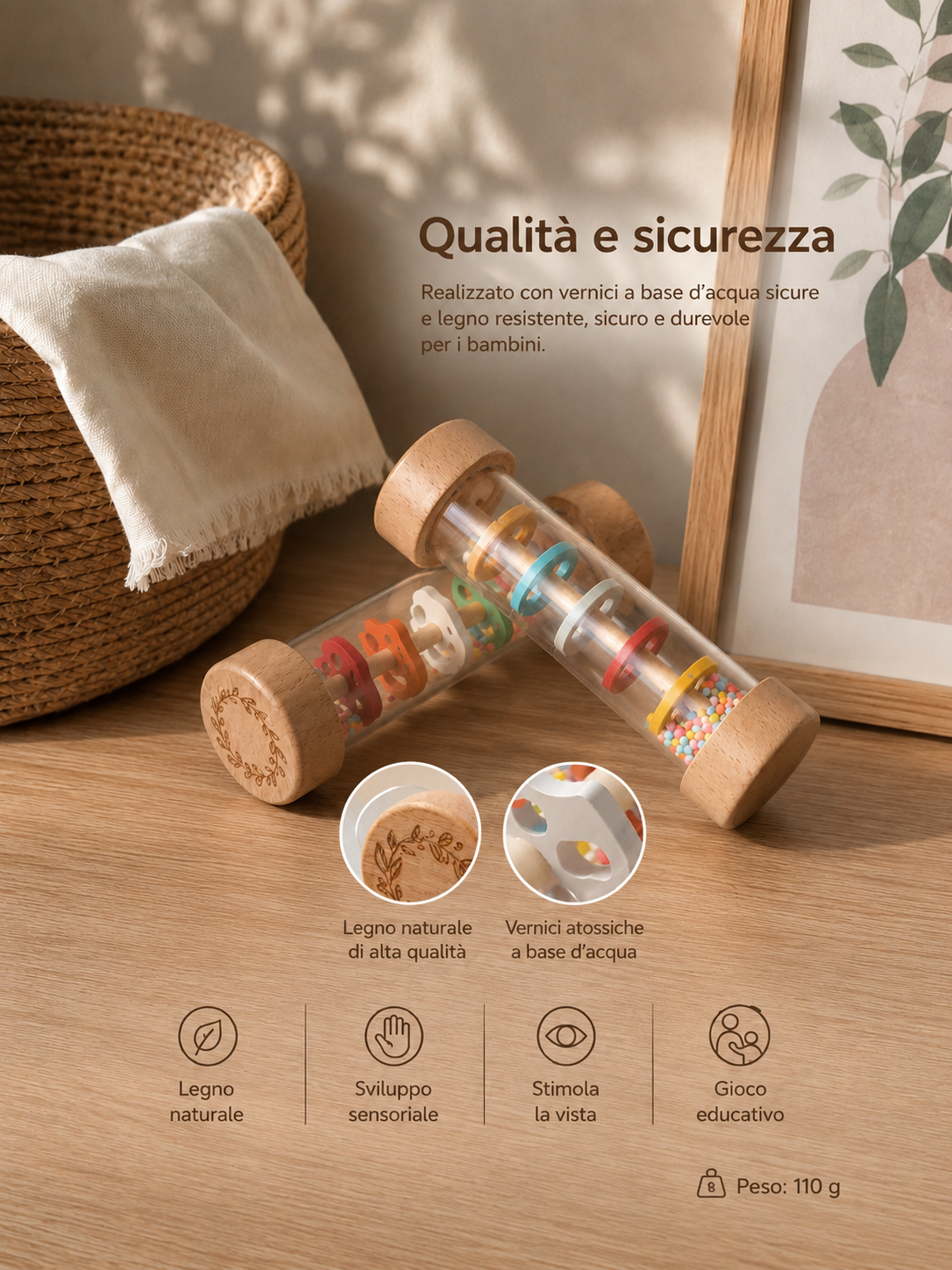 Rain Stick Montessori Baby – Gioco Sensoriale in Legno