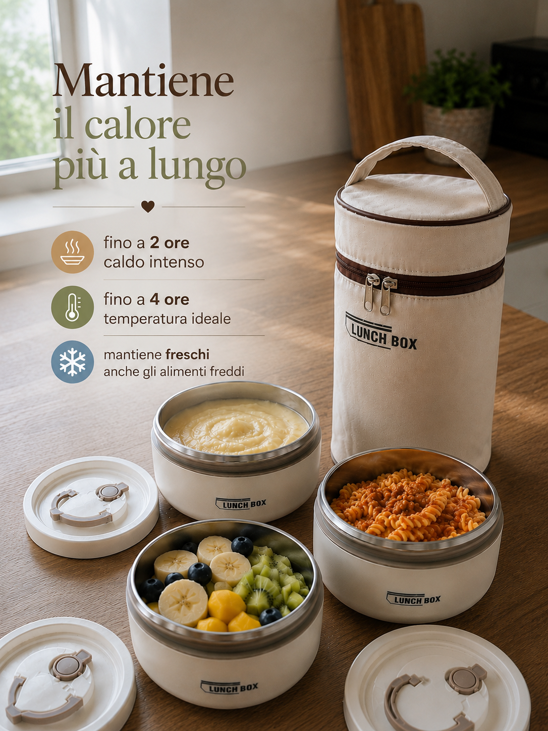 Lunch Box Termico 3 Contenitori - Mantiene Caldo e Freddo.